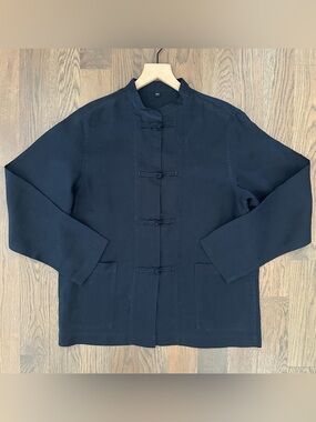 Dosa 100% Linen Crew Neck Frog Closure Chore Coat Jacket in Navy Blue XXS/XS